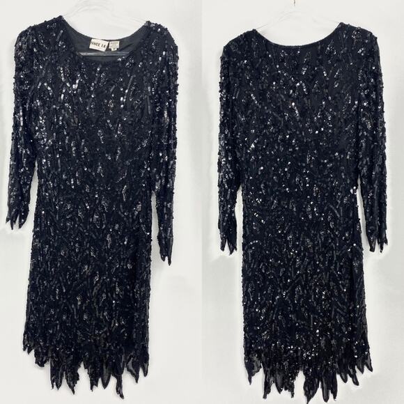 Vintage 80's black silk/bead/sequin midi shift dress shark tooth hem size Medium - Picture 6 of 13